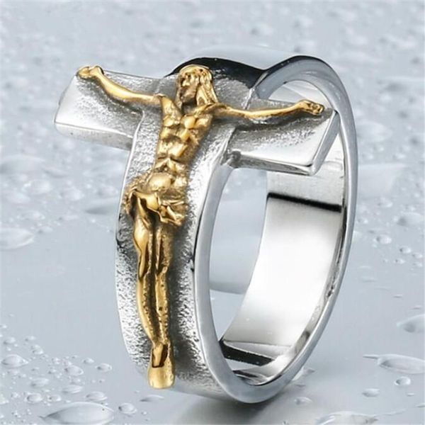 

cluster rings religious belief jesus cross ring gold and silver color metal men's index finger creative retro jewelry, Golden;silver