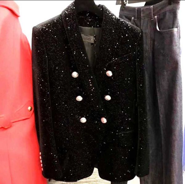 

women's suits & blazers sequined velvet jacket autumn slim black double-breasted women coat, White;black