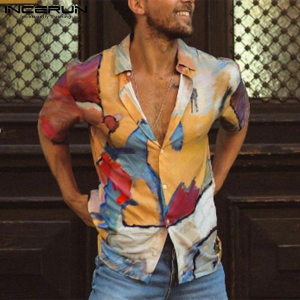 

men's casual shirts incerun fashion men hawaiian shirt printing vacation summer lapel short sleeve clothing button breathable camisa 20, White;black
