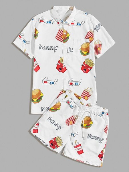 

men allover print shirt with drawstring shorts d2pb#, Gray