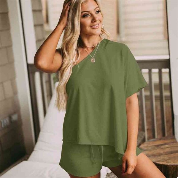 

causal two piece set women and shorts one shoulder short sleeve 2 pieces sets t shirts solid woman suit 210520, White