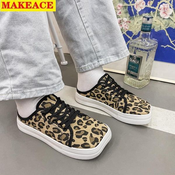 Pantofole da donna Muller Style A Scarpe di tela da donna Baotou Half Square Head Street S Leopard Print Online Scarpe rosse