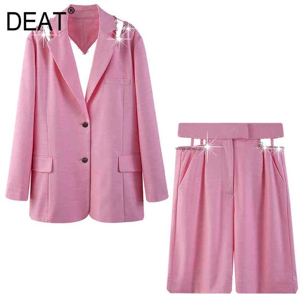 

[deat] solid color nail bead hollow back suit personality fashionable straight tube pants suit spring and summer gx1101 210428, White