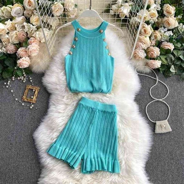 

summer sheath knitted 2 piece set button halter tank and high waist wide-leg shorts suits women knitwear 210602, White
