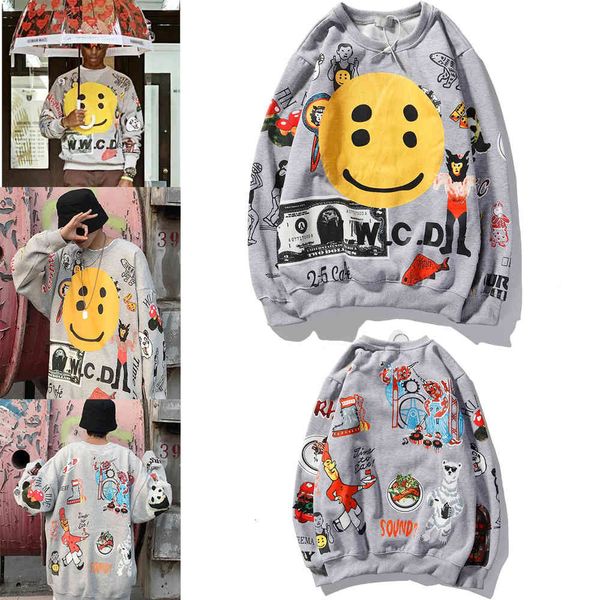 

hoodies chao brand men's round neck sweater with smiling face printing multi personality hip hop trend couple's, Black