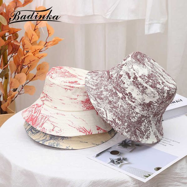 

badinka cotton bucket hat with string designer fishing hiking cap wide brim big sun visor hats for women men casquettes 210616, Blue;gray