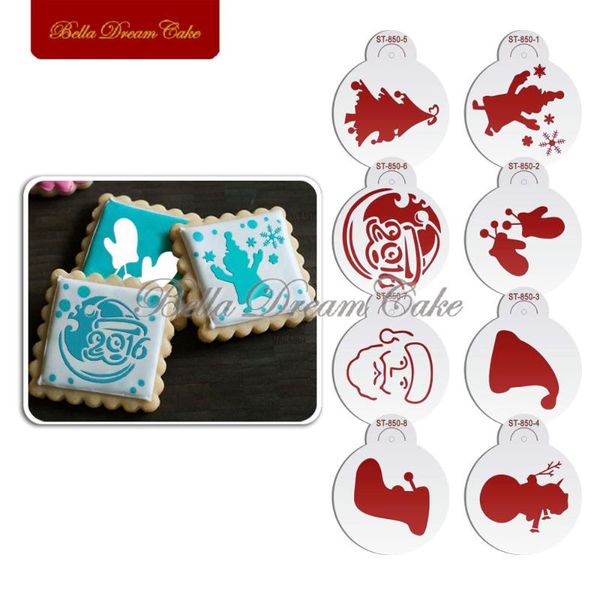 

baking moulds 8pcs/lots christmas snowman trees design cookies stencil coffee template stencils fondant cake decorating tools bakeware