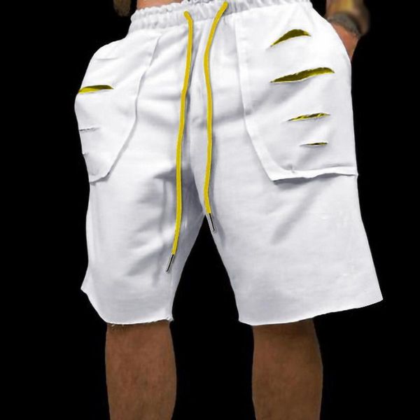 

men's shorts casual loose ripped five-point drawstring gyms workout short pants summer running knee length sweatpants, White;black