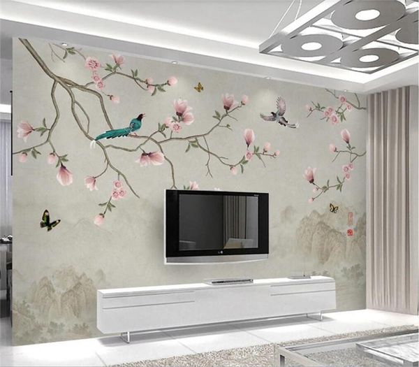 

wallpapers xue su custom wallpaper mural chinese style simple hand-painted jade hall rich flowers and birds tv background wall