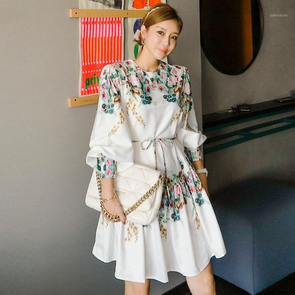 

casual dresses women dress autumn 2021 office lady korea style print long sleeve o-neck high waist belt design and color, Black;gray