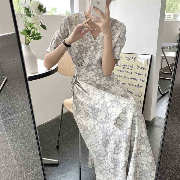 

high waist florals casual ol femme elegant printed v-neck summer prom dress all match loose vestidos 210525, Black;gray
