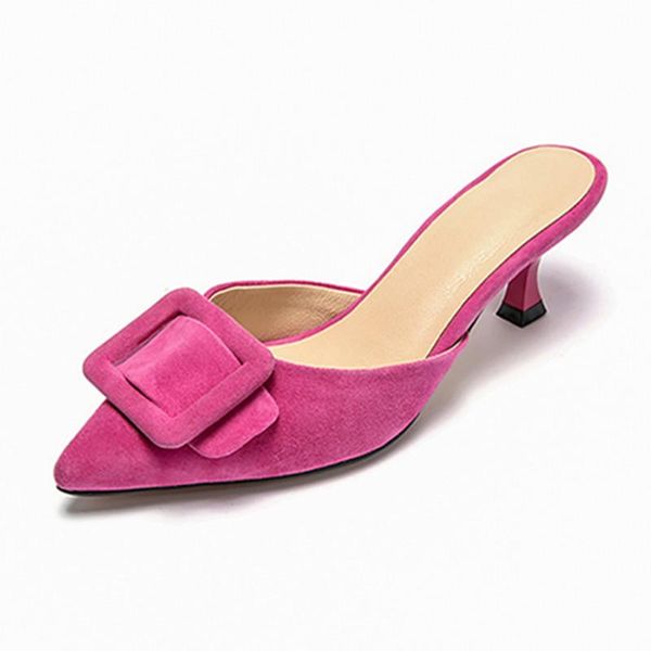 

sweet poined toe buckle women mules suede leather high heels pumps est famale wedding party shoes woman size 34-43 slippers, Black