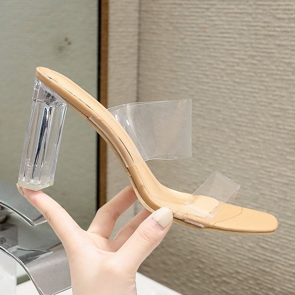 

transparent high heels women square toe sandals summer shoes woman clear high pumps wedding jelly buty damskie heels slippers, Black
