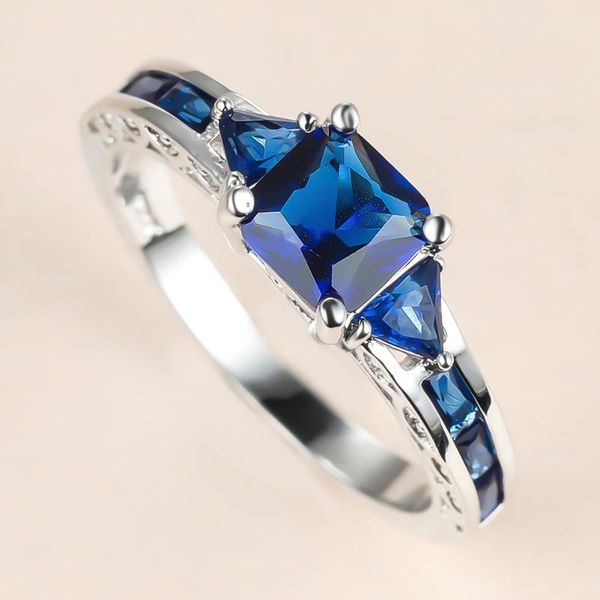 

luxury female blue crystal stone ring charm silver color wedding rings for women dainty bride square zircon engagement, Slivery;golden