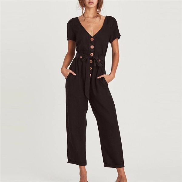 

women's jumpsuits & rompers jumpsuit spring summer solid color single breasted button sashes streetwear women bodysuit 2021 ropa mujer, Black;white