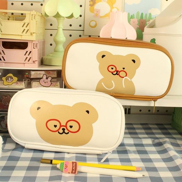 

pencil bags kawaii bear pu leather case large capacity pen bag stationery cosmetic makeup for kids student school supplies