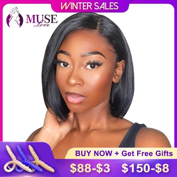 

lace wigs muse love 4x4 bob wig closure pre plucked straight human hair 150% front with baby, Black;brown