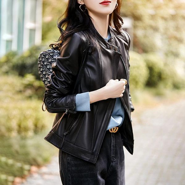 

women's jackets haining high-grade sheepskin leather short coat 2021 locomotive style jacket autumn and winter women, Black;brown