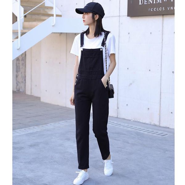 

women's jumpsuits & rompers p-ammy black denim overalls female 2021 large size korean version straight ankle-length pants, Black;white