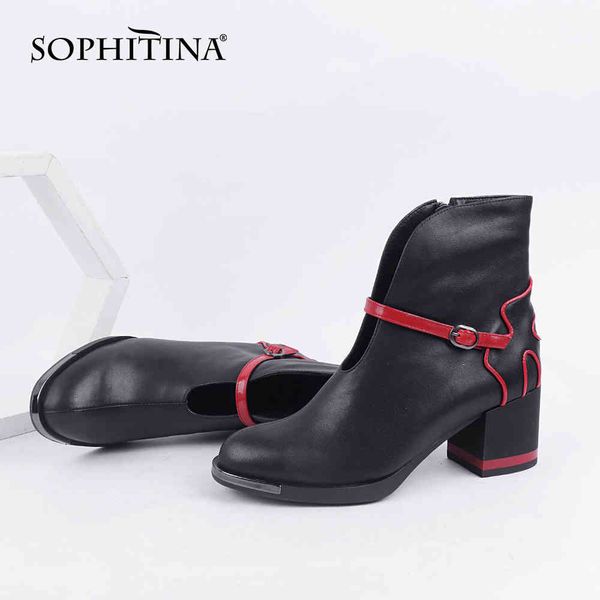 

sophitina women's shoes fashion unique genuine leather handmade ankle boots square heel zipper boots women c833 210513, Black