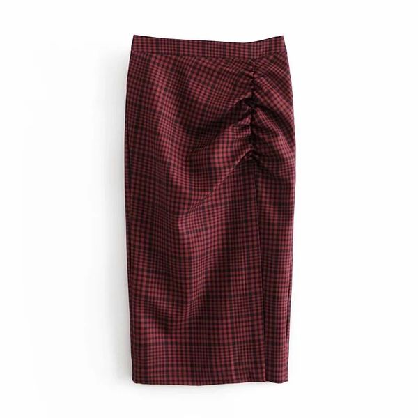

summer women elegant folds side slit midi skirt female retro fashion check back zip skirt 210520, Black