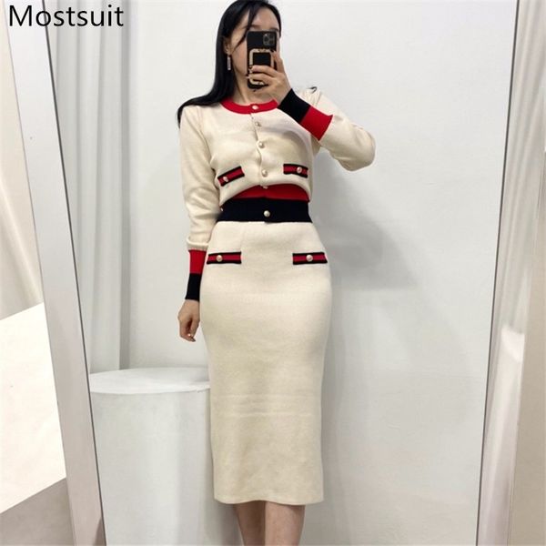 

color-blocked korean vintage knitted two piece skirt sets women single-breasted cardigan + high waist ladies elegant 210518, White