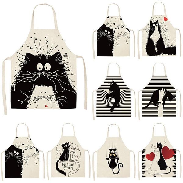 

aprons black cute cartoon cat printed sleeveless cotton linen for man woman 55x68cm home kitchen apron cleaning tools bibs