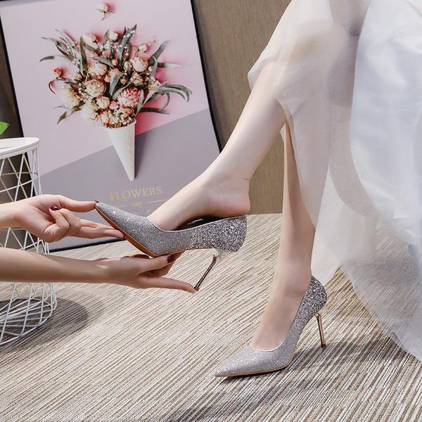 

dress shoes 41 42 43 large size sequined high heels women bridal wedding pointed shallow mouth 31-34 small stripper, Black