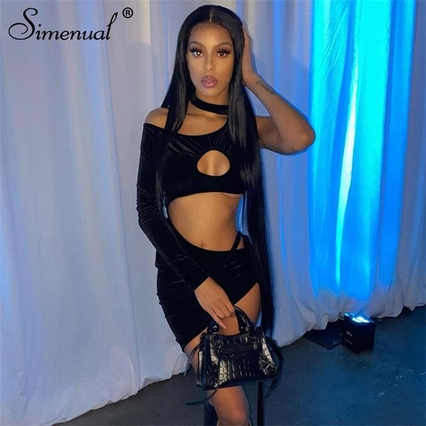 

simenual drawstring cut out velvet midnight dress club partywear women long sleeve open shoulder skinny bodycon mini dresses, Black;gray
