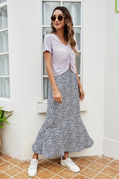 

skirts women's summer fashion casual loose a-line skirt high waist floral, Black