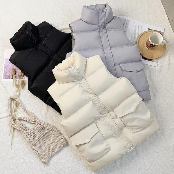 

women's vests short winter vest women coat casual warm thicken waistcoat female oversized single-breasted down cotton woman jacket q274, Black;white