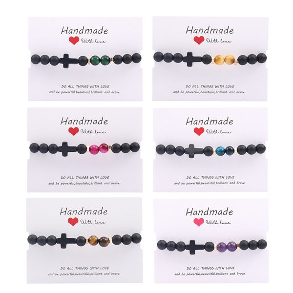 

8mm natural volcanic stone beaded bracelets & bangles cross elastic rope energy pendant jewelry gift with card for women men, Black