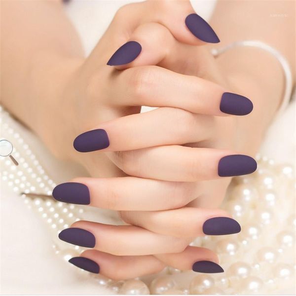 

24pcs classical noble false nails deep purple matte manicure patch full oval artificial nep nagels1, Red;gold