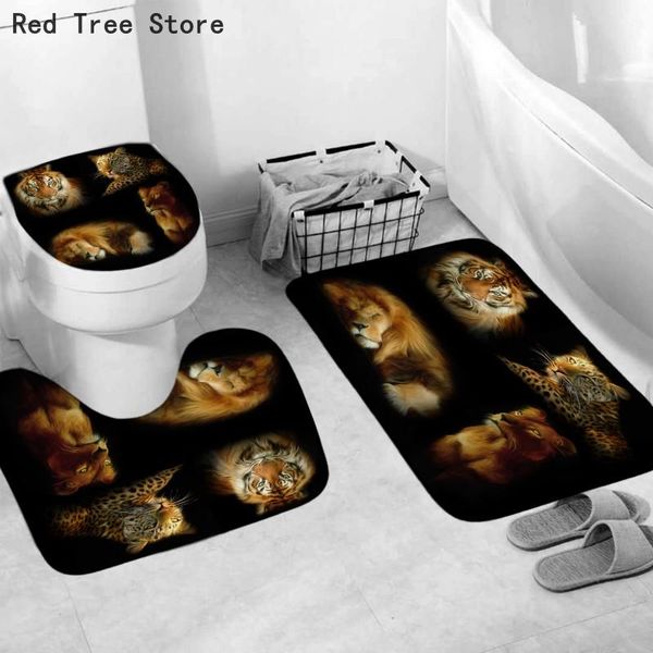

shower curtains tiger lion leopard 3pcs bath mat carpet set non-slip animal design bathroom textile decor toilet seat lid cover rugs u shape