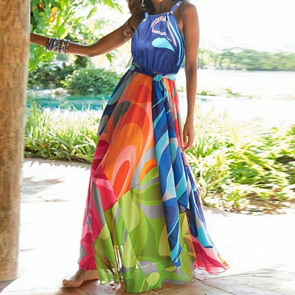 

women dress sleeveless bandage printed long flowers dresses summer clothes 2021 fashion plus size casual, Black;gray