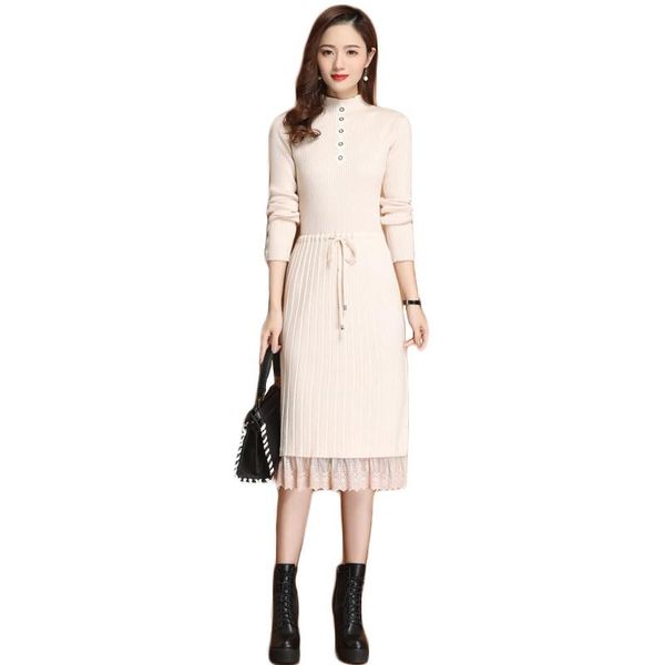 

casual dresses winter dress women apricot 2021 autumn korean fashion slim lace stitching knee-length knitted sweater feminina jd920, Black;gray