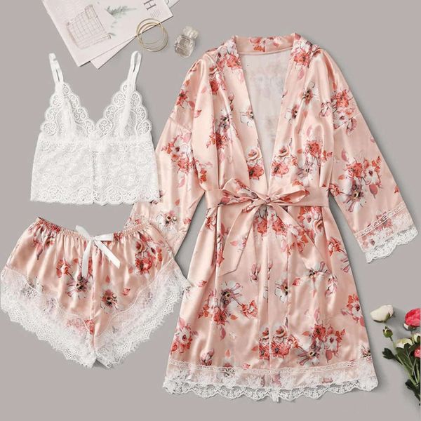 

bathrobe lace pajamas printed bathrobe three piece sling silk women's home wear