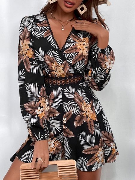 

tropical print guipure lace insert puff sleeve romper f2zh#, White