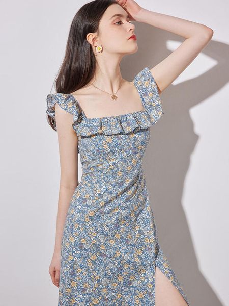 

casual dresses french dress women's mid long with waist closed, split flower, lotus leaf and suspender in spring summer, Black;gray