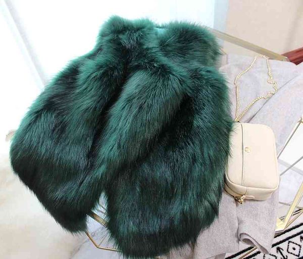 

blends fashion autumn winter thick warm v-neck sleeveless faux fur jackets korean medium long ink green fake foxfur vests a229, Black