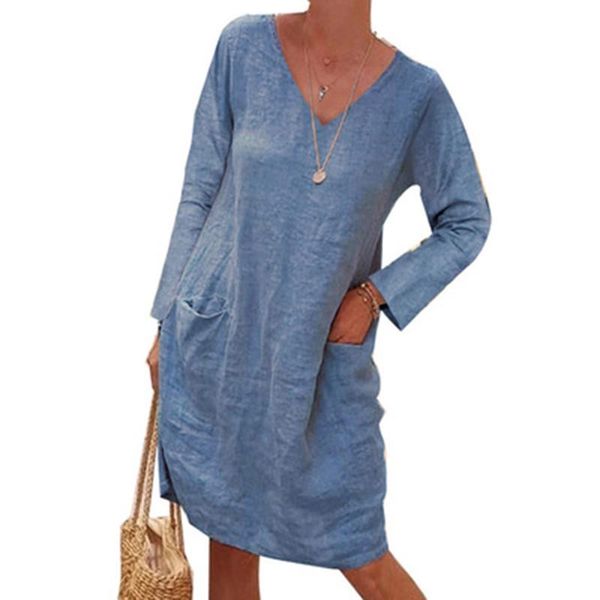 

casual dresses boho cotton and line women midi dress plus size loose v neck long sleeve straight with pocket 40#, Black;gray