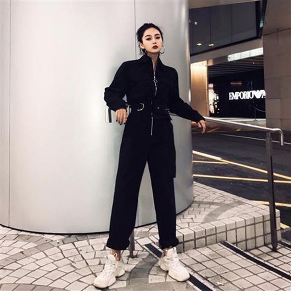 

black autumn with belt womens romper bag hip hop harajuku overalls korean fashion long sleeve zipper jumpsuits, Black;white