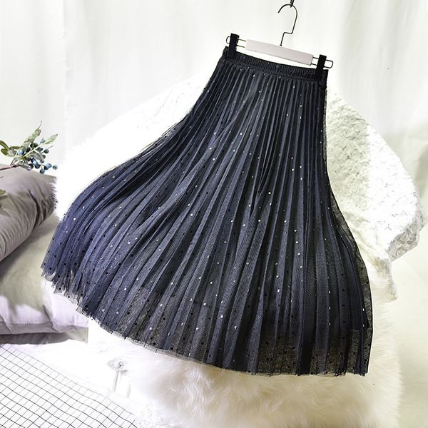 

Skirts Spring High Waist Sequins Beading Mesh Long Chic Autumn Women Black Casual Skirt Faldas Jupe Femme Saia WC5L