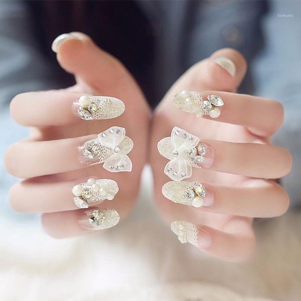 

diy rhinestone fake nails butterfly full lace pearl design manicure nail art decoration luxury false tips patches1, Red;gold