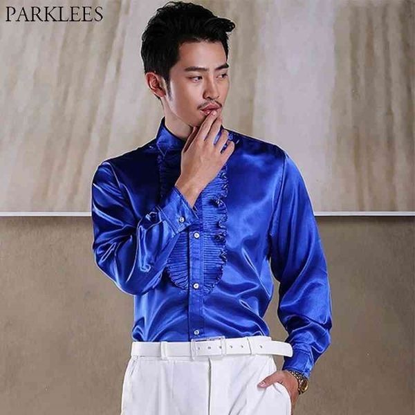 Royal Blue Ruffle Silk Cetim Camisa Homens Slim Fit Manga Longa Tuxedo Camisas Mens Noivo Do Casamento Estágio Vestuário Camisas 210522