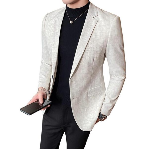 

men's suits & blazers men slim fit blazer business casual jacket 2021 spring luxury beige office social linen long sleeve suit, White;black
