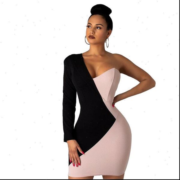 

fashion elegant bodycon long sleeve womens dresses one shoulder evening party club mini patchwork ladies clothes, Black;gray