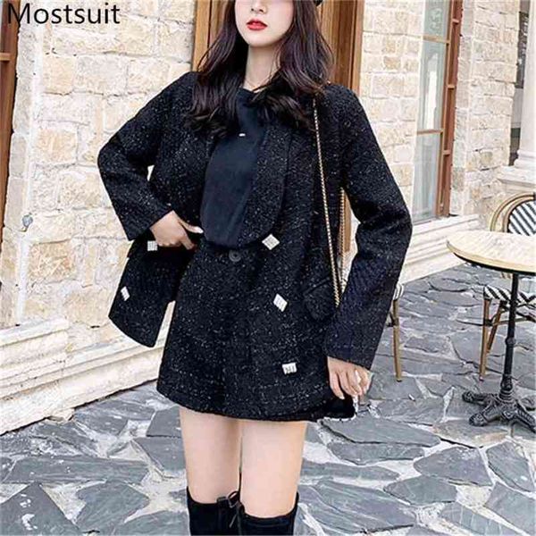 

office fashion tweed two piece shorts suits sets women double breasted blazer + outfits korean workwear ladies 210513, White