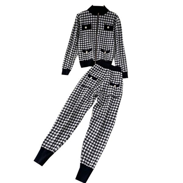 

women's two piece pants vintage black/beige plaid knitted set women autumn casual stand collar zipper outwear +high waist pencil, White