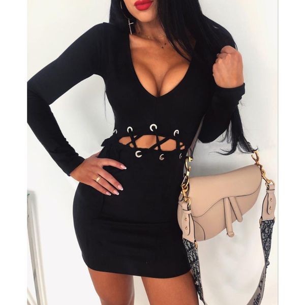 

women low-cut v-neck dress waist hollow out bodycon mini ladies solid long sleeve sheath spring fall casual dresses, Black;gray